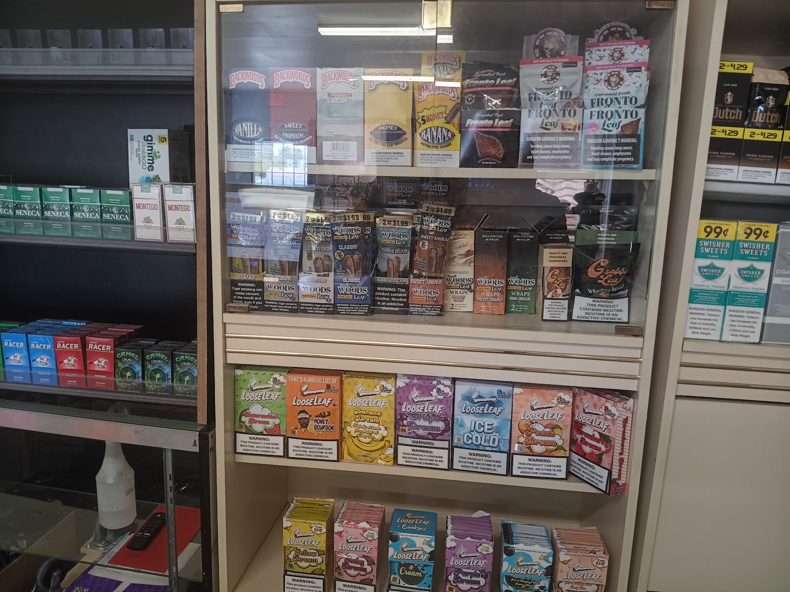 Inside June's Smoke Shop — cigar and wrap display